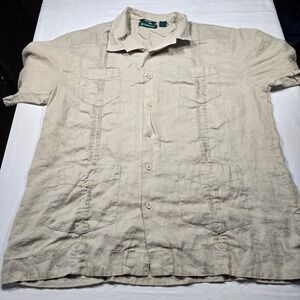 Cubavera Mens XL Beige 100% Linen Guayabera Short Sleeve Button Down Shirt Tan